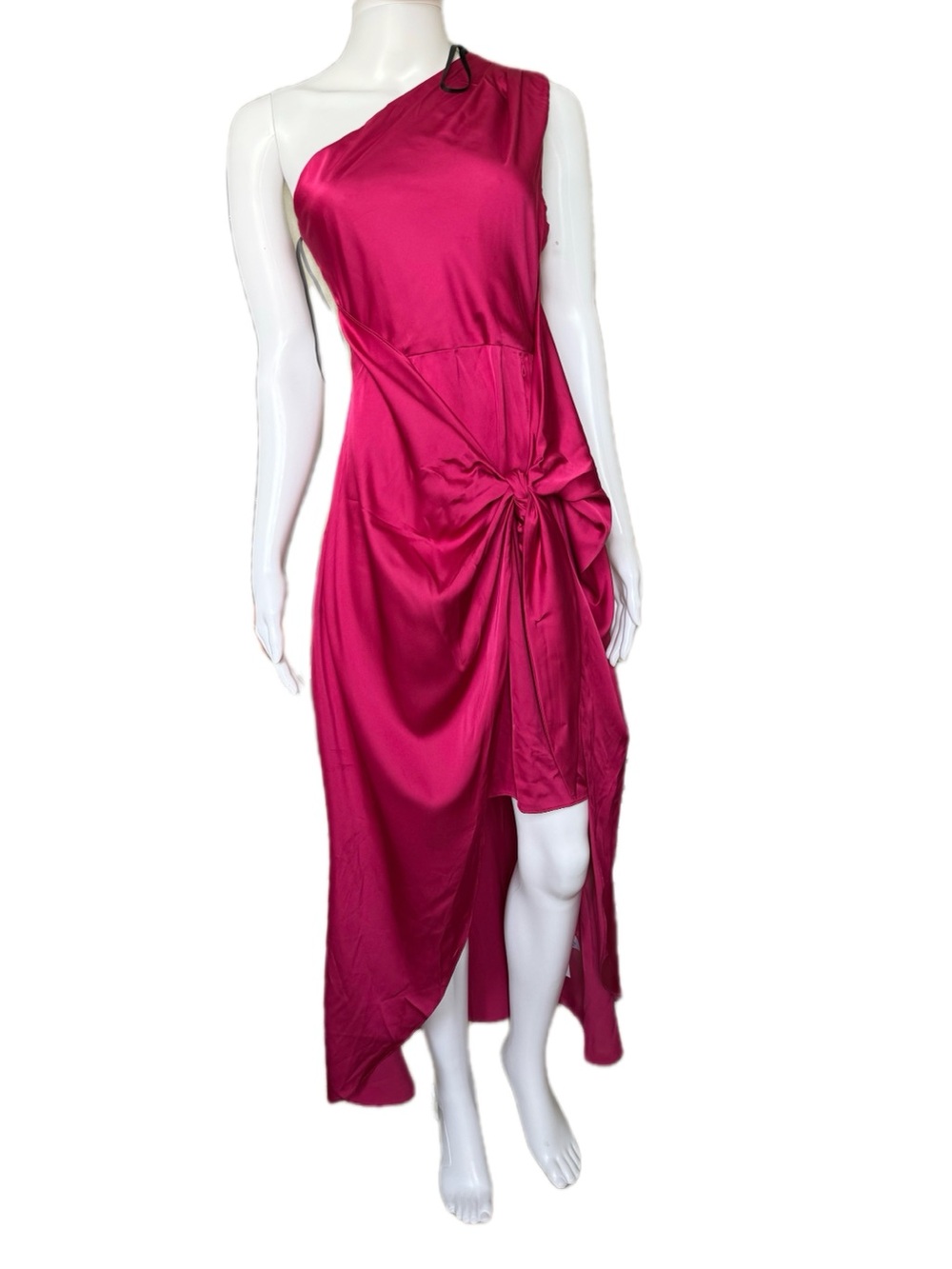 Donna Morgan One-Shoulder Magenta Satin Knot Dress